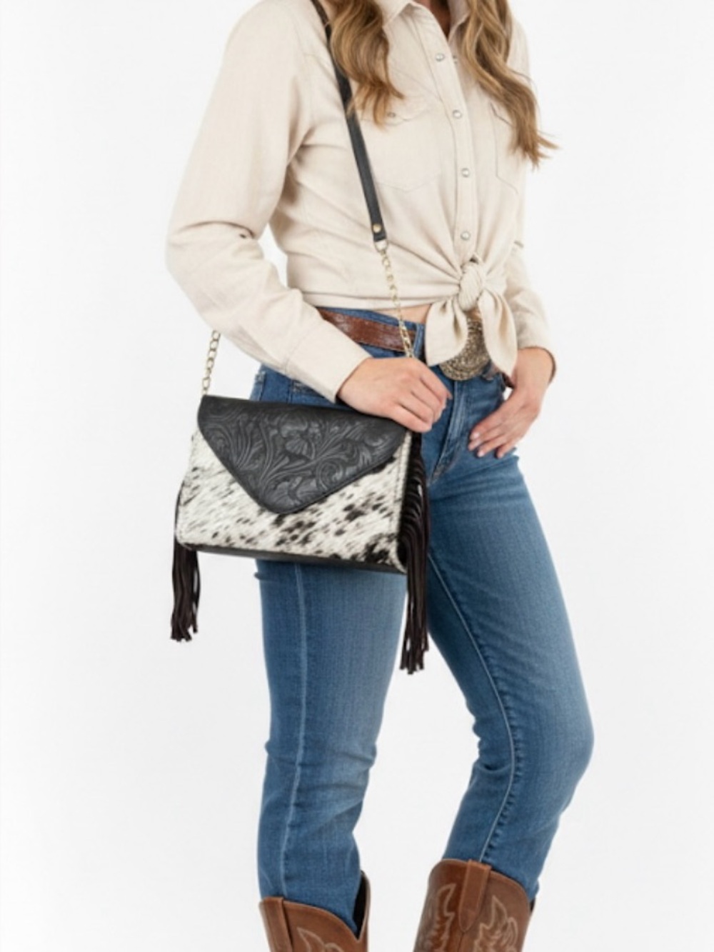 Leather Crossbody Button Closure Dark Brown and White Women's Western Bag